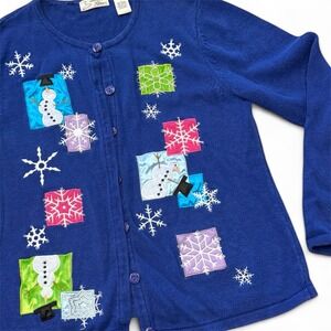 Isabella's Closet Blue Snowman Snowflake Applique Cardigan Sweater Women's L